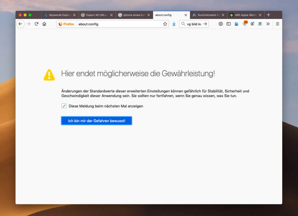 Mit dieser Warnmeldung weist Firefox den darauf hin, dass er wissen sollte, was er tut (Screenshot: Sir Apfelot).