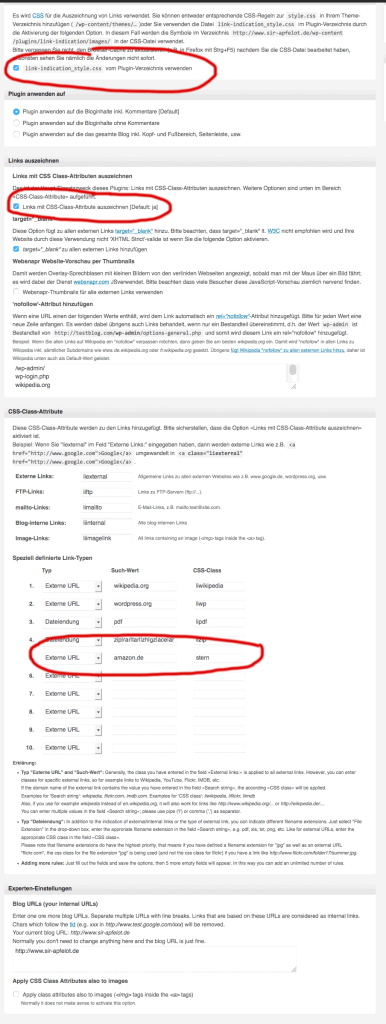 Einstellungen Link Indication Plugin
