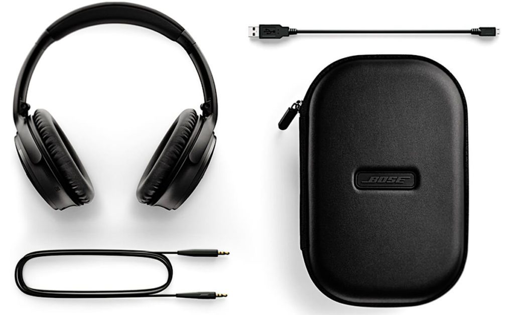 Bose QC35 Lieferumfang: neben dem eigentlichen BT Lautsprecher ist auch eine Transporttasche, sowie ein 3,5mm Klinkenkabel und ein Micro-USB-Ladekabel enthalten.