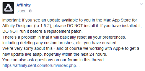 affinity designer update 1.5.2 warnung facebook