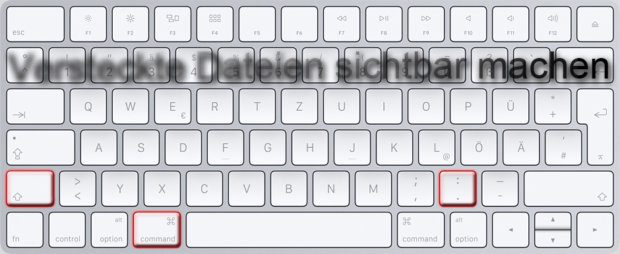 Am Mac, iMac oder MacBook versteckte Dateien unter macOS Sierra anzeigen lassen: mit der Tastenkombination CMD + Shift + Punkt geht's. Tastatur-Bild: Apple