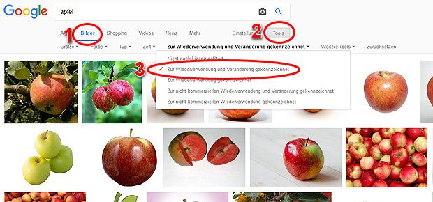 Die Google Bildersuche bietet auch die Suche nach lizenzfreien Bildern und Fotos an. Das Tool dafür heißt "Nutzungsrechte".