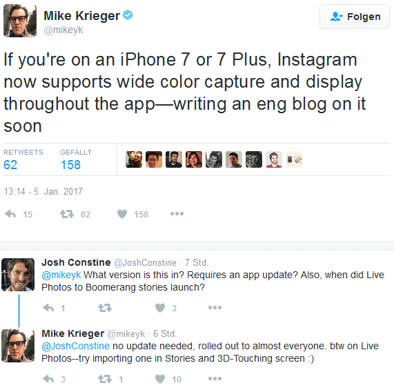 Mike Krieger gibt die Änderungen in Instagram für Nutzer des iPhone 7 und iPhone 7 Plus bekannt. Quelle: Twitter