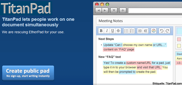 In 2016 wurde angekündigt, das TitanPad dicht macht, zum Mai 2017 werden Pads eingefroren, ab 2018 kann man den Dienst gar nicht mehr nutzen. Alternativen für Online Dokumente zum gleichzeitigen Bearbeiten bekommt ihr hier.