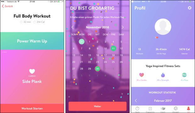 Links im Bild sieht man eine Übersicht über ein Training vom Warmup bis zu den einzelnen Bereichen wie Cardio, Kraft oder ähnliches. In der Bildmitte ist der Kalender zu sehen, der mit grünen Punkten und Konfetti motiviert am Ball zu bleiben. Und rechts ist das Profil zu sehen, das die Infos über den Benutzer enthält. Man kann dort weiter runter scrollen, um weitere Details zu sehen.