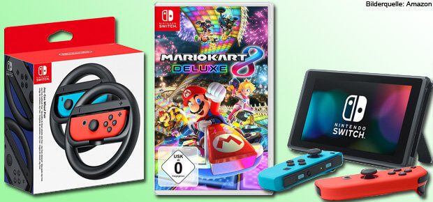 Bei Amazon könnt ihr Mario Kart 8 Deluxe für die Nintendo Switch zum Release vorbestellen. Zudem kommen am 28. April 2017 die Joy-Con Lenkräder in den Handel.