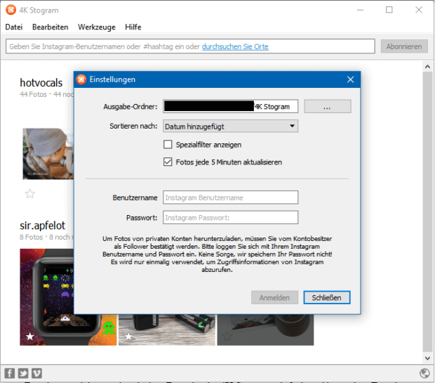Details in den Einstellungen: Zielordner, Sortierung der Inhalte, Aktualisierungen und Anmeldung bei Instagram.