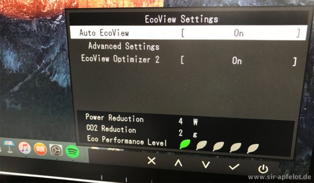 In den EcoView Settings kann man gleich sehen, wieviel Watt und wieviel Gramm CO2 man einspart – eine motivierende Lösung für Stromsparer!