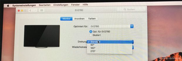 Pivot Funktion in der Praxis: Unter macOS erscheint nach dem Anschluss des Eizo EV2780 die Möglichkeit, die Drehung des Monitors einzustellen.