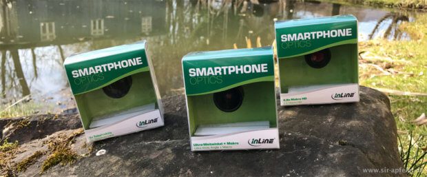 Die drei Smartphone Objektive, die mir inLine zum Testen zur Verfügung gestellt hat (Fotos: Sir Apfelot).