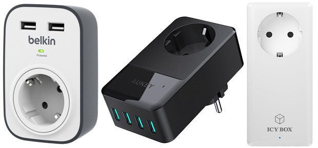 USB Ladegerät mit Schuko-Steckdose, AUKEY, Belkin, Icy Box, Schuko und USB Ports, Reise, Urlaub Ladegerät für mehrere USB Geräte Smartphone Tablet Kamera