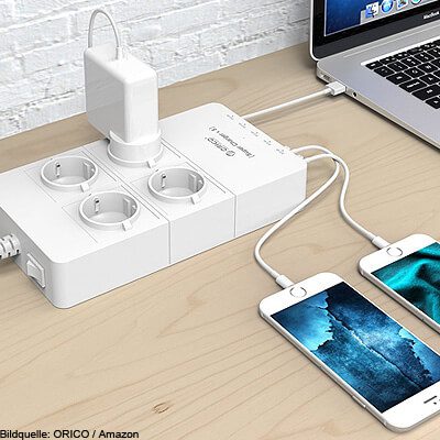 Steckdosenleiste mit USB Ladegerät, Steckdosenverteiler Schuko mit USB Anschlüssen zum Laden von Smartphone Tablet MacBook Kamera