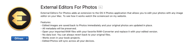 Im Mac-App-Store findet man des Programm unter dem Namen "External Editors For Photos". Derzeit kostet er 99 Cent, was quasi fast geschenkt ist, wenn man täglich dadurch Zeit einsparen kann.