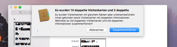 Hat die Kontakte App Doubletten gefunden, kann man sich nur noch entscheiden, ob man diese durch die App zusammenführen lassen möchte oder lieber die Aktion abbrechen möchte. Selektives Zusammenführen oder etwas mehr Kontrolle bei der Aktion ist leider von Apple nicht vorgesehen…
