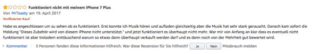 Schaut man sich gezielt die 1-Sterne-Bewerungen der Adapter an, findet man schnell die Probleme, die es mit dem iPhone gibt (Quelle: Amazon)..