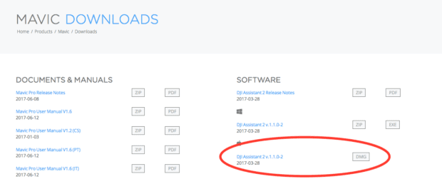 Der Download der DJI Assistant 2 Software für den Mac ist halbwegs gut versteckt. 