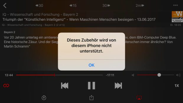 Eine bekannte Fehlermeldung: "DIeses Zubehör wird von diesem iPhone nicht unterstützt."… leider erscheint sie sehr unregelmässig und ist oft nicht nachvollziehbar.