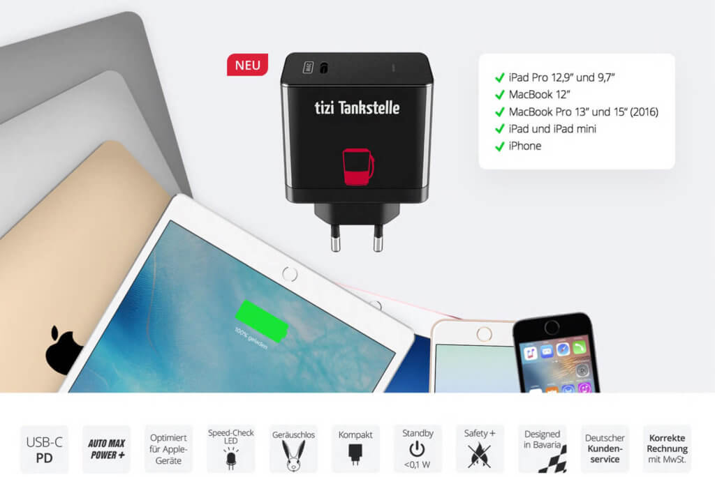 Neu und stark: die tizi Tankstelle kommt nun mit USB-C und 29 Watt Ausgangsleistung (Grafik: Equinux).