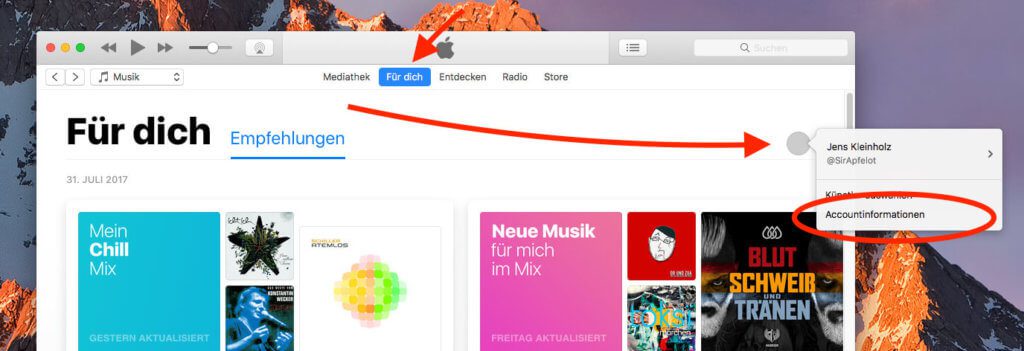 Hat man iTunes am Mac geöffnet, klickt man auf "Für Dich" und dann auf den grauen Kreis, hinter dem sich das eigene Profil verbirgt. Dort wählt man den Unterpunkt "Accountinformationen".