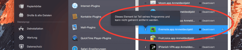 Wenn ihr in CleanMyMac 3 versucht ein Anmeldeobjekt eines Programms zu löschen, weist euch das Tool darauf hin, dass dies nur geht, wenn man das komplette Programm deinstalliert. Die ist sinnvoll, da beide Teile zusammen gehören. Wenn ihr im Tool ein Programm deinstalliert, werden automatisch auch andere Dateien entfernt, die zu dem Programm gehören. So verhindert man, dass Datenmüll im System zurück bleibt.