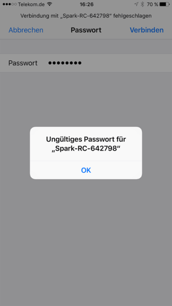 Wifi-Passwort zum Verbinden von iPhone und DJI Spark ist immer falsch? Das könnte an dem "RC" im WLAN-Namen liegen. ;)