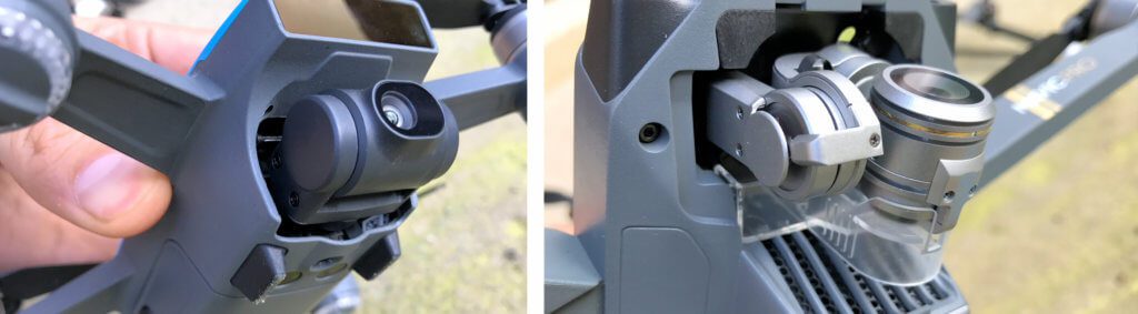 Im Vergleich: Die Gimbals der DJI Spark und der Mavic Pro – die Bauweise des 3-Achs-Gimbals ist deutlich komplexer und damit auch weniger robust als die Kamerahalterung der Spark.