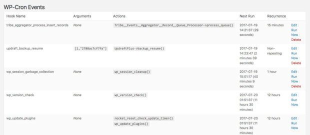 Liste der WP-Cron-Events prüfen: Dies sieht mit dem Plugin WP-Crontrol beispielsweise so aus.