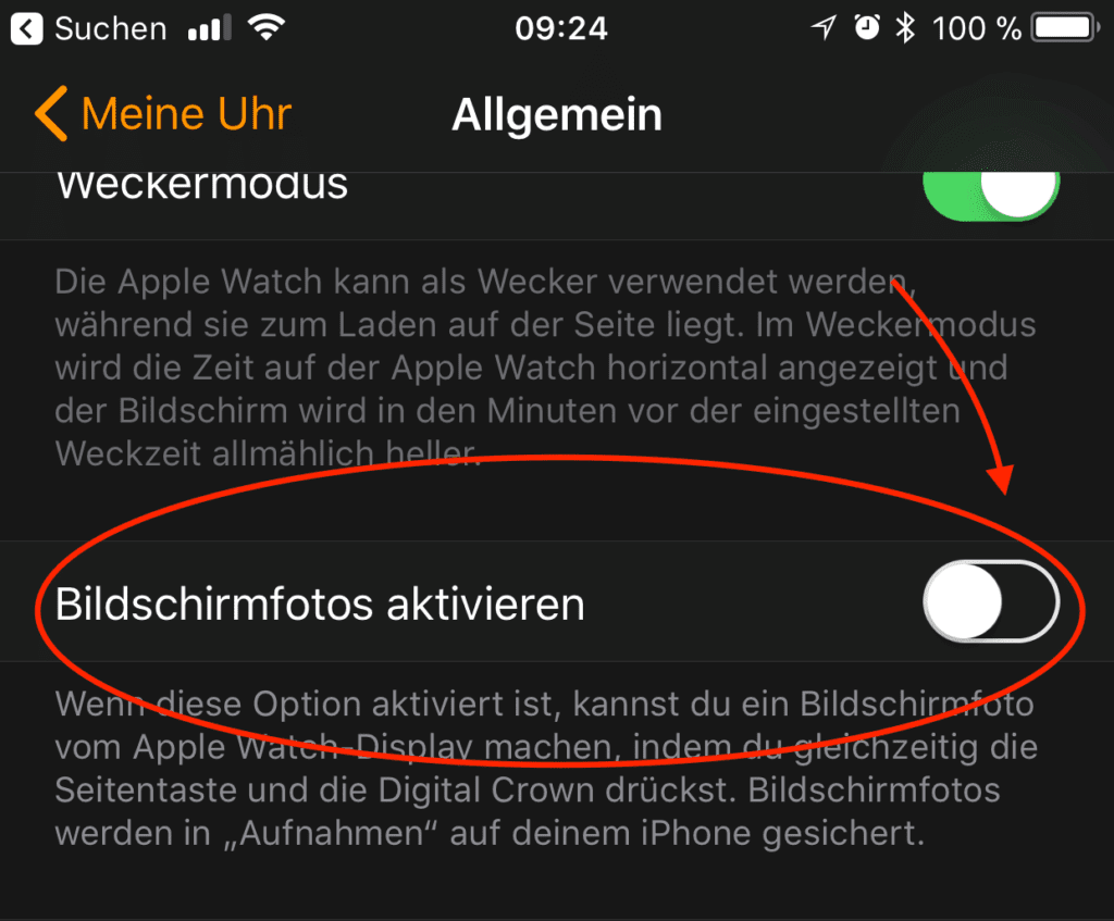 In den meisten Fällen (ab watchOS 4) muss man die Bildschirmfotos in der Watch-App am iPhone erst einmal aktivieren.