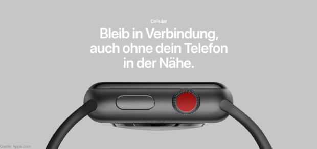 Die Mobilfunk-Versionen der neuen Smartwatch aus Cupertino erkennt ihr am roten Punkt auf der digitalen Krone. Cellular Red Dot on Digital Crown 2017