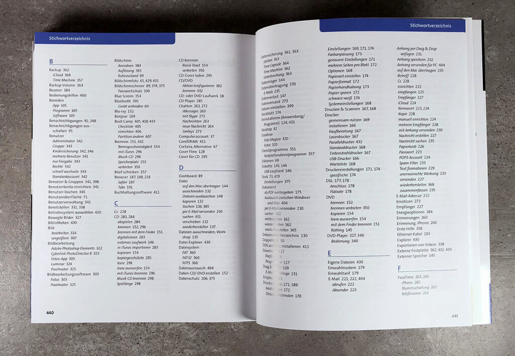 Im Index des Buches findet man viele Begriffe mit den entsprechenden Seitenzahlen, wo sie erläutert sind. So kann man sich über die Funktionen von iCloud genauso informieren, wie über das NTFS Filesystem, das besonders Windows-Umsteiger kennen werden.