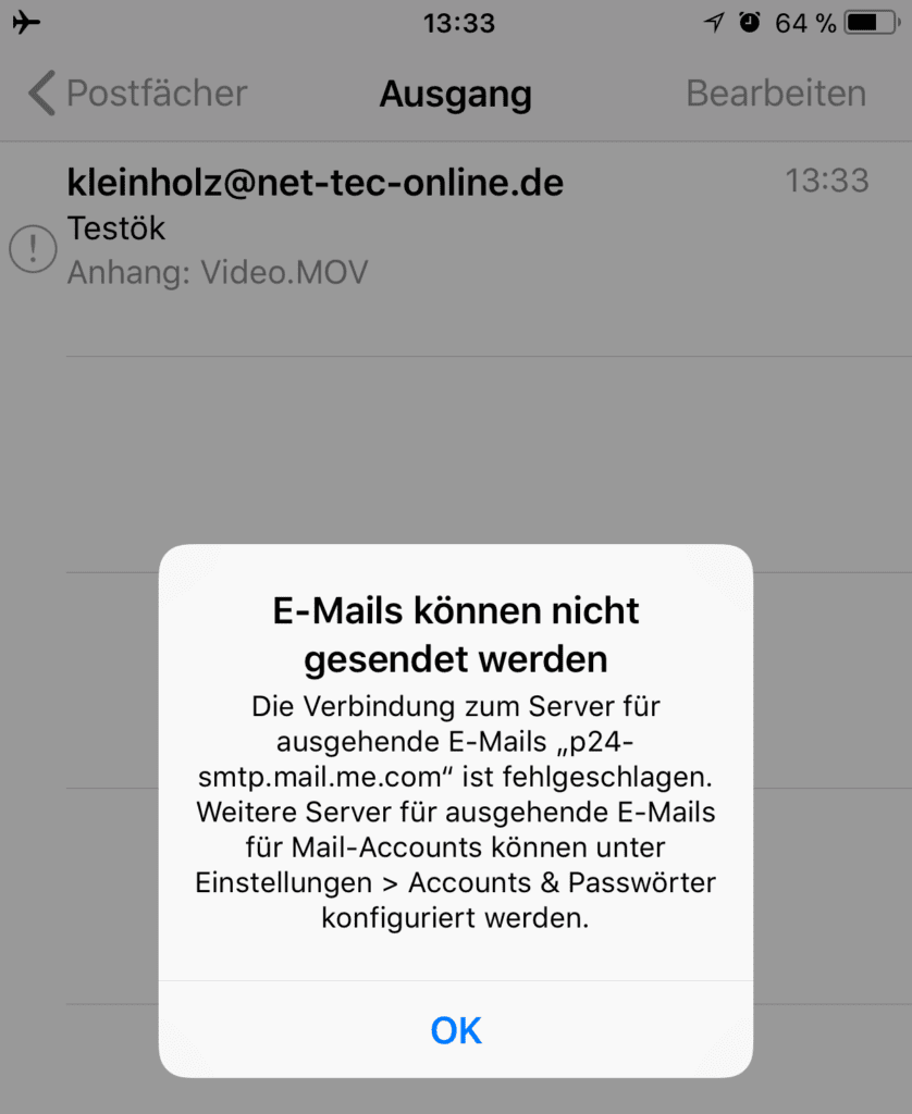 Schaltet man das iPhone in den Flugmodus, wirft das Mailprogramm unter iOS natürlich eine Fehlermeldung aus, was aber gewollt ist, da es dann nicht mehr versucht, die Mail zu versenden.