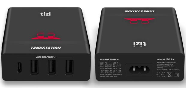 Die handliche Equinux tizi Tankstation: jetzt mit 75 Watt, 1 x USB-C PD (60W) und 3x USB-A (insg. 15W).