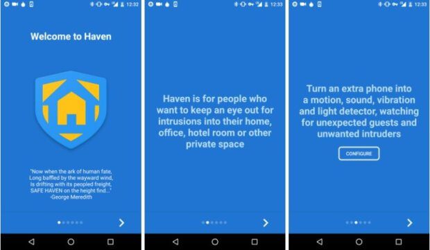 Mit der Haven App könnt ihr ein Android-Handy in eine Überwachungsanlage umwandeln. Die Sensoren, Kameras und Mikrofone registrieren Veränderungen, auf das Zweitgerät wird dies dann kommuniziert.