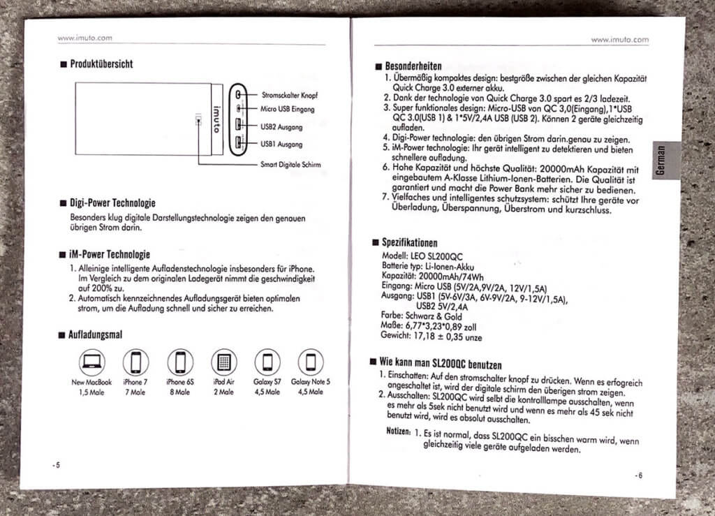 Die Anleitung ist etwas schwer verständlich, da hier offensichtlich Google Translate (oder schlimmeres) für die Übersetzung gesorgt hat. Aber zum Glück gibt es bei Powerbanks nicht viel zu verstehen. :D