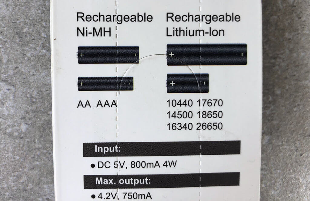 Die technischen Daten sind kurz gehalten, aber man sieht schon die Vielzahl der aufladbaren Akkutypen auf der Rückseite der Packung.