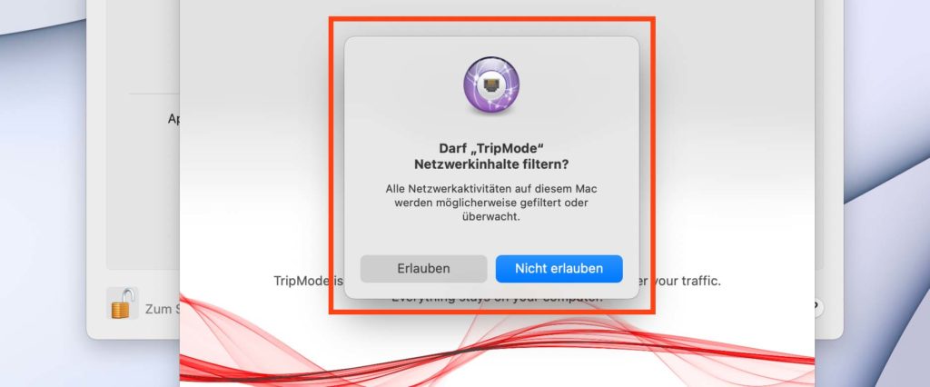 Damit TripMode sehen kann, welches Programm wieviele mobile Daten nutzt, muss es den Netzwerkverkehr überwachen. Dazu benötigt es ebenfalls eure Erlaubnis.