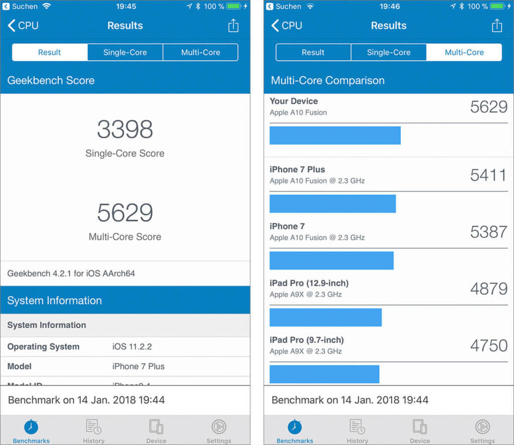 Geekbench zeigt mir in meinen Messungen keine großen Abweichungen von der CPU-Performance anderer iPhone 7 Plus Modelle. Zur Sicherheit habe ich mehrere solcher Messungen gemacht und den Durchschnitt ermittelt.