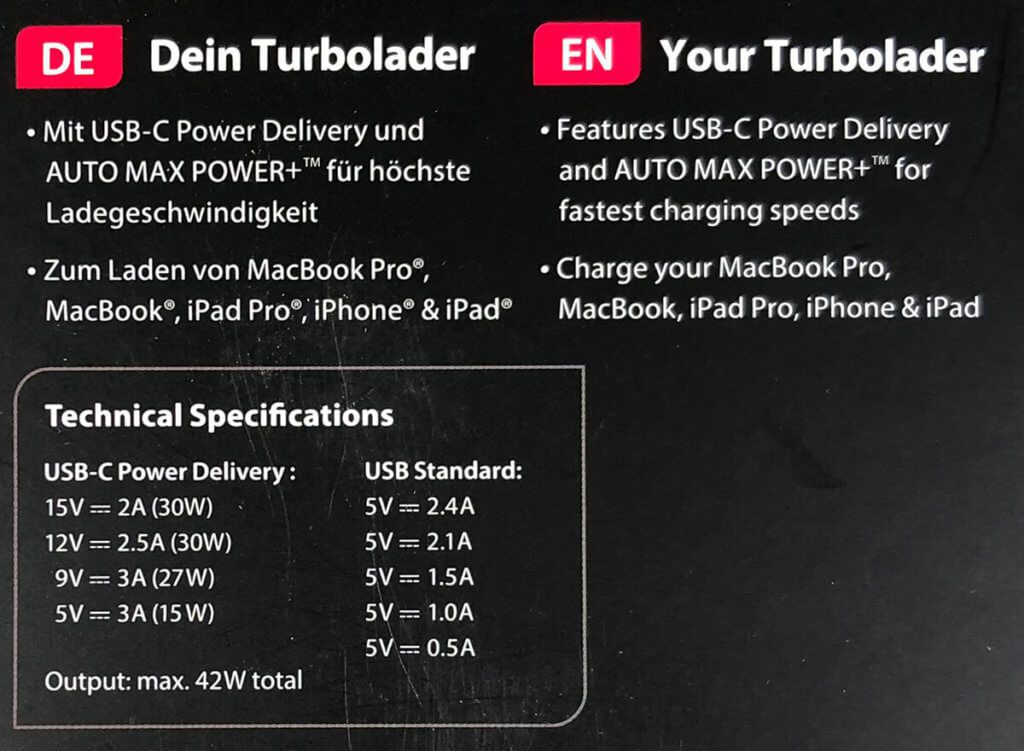 Die technischen Daten auf der Packung sind ein bisschen weniger aufschlussreich als das, was ich im Internet gesammelt habe. Und es fehlt hier die Angabe, dass der KFZ-Lader auch 20 Volt am USB-C Ausgang liefert.