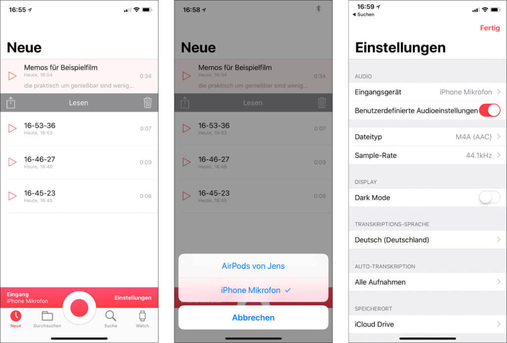 Auf der iPhone App finden sich neue Audioaufnahmen, die Auswahl der Audio-Quelle und natürlich auch der Bereich, in dem man Einstellungen wie die Samplerate und das Audioformat einstellen kann.