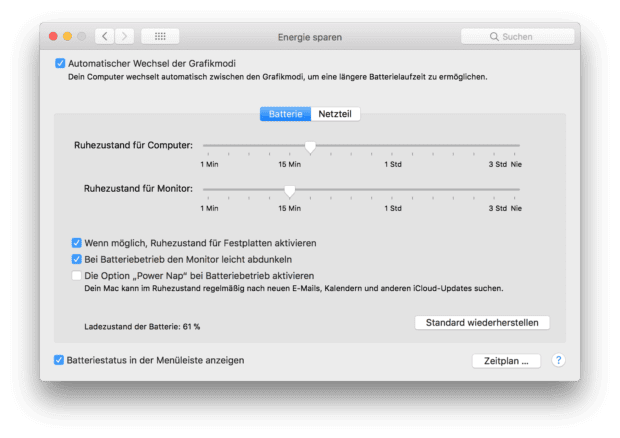 Das Menü zum Energie Sparen beim MacBook (Pro / Air) gibt euch Möglichkeiten, um Strom einzusparen und die Nutzung ohne Netzteil zu verlängern.