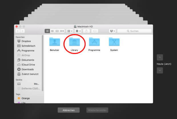 Den Library-Ordner in Time Machine sichtbar machen geht, indem man zuerst den Finder aufruft und dann das Backup des Verzeichnisses.