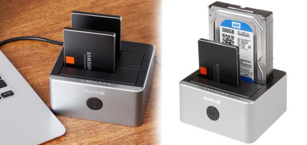 Die Inateck FD2102 Dockingstation für zwei Festplatten von 2,5" oder 3,5“ dient als Gehäuse für die USB-Verbindung mit Apple Mac / Windows PC, kann aber auch ohne Computer Klone und Backups erstellen.