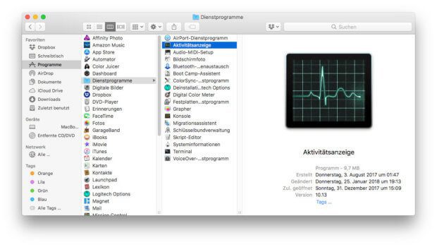 Die Apple Aktivitätsanzeige findet ihr bspw. unter Programme -> Dienstprogramme. 