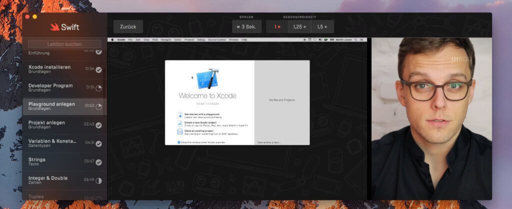 Die App zeigt mit Screenrecordings auch, wie man sich im Programm Xcode bewegt. Für Einsteiger eine sehr hilfreiche Ergänzung, da man sonst recht schnell von den vielen Optionen in Xcode erschlagen wird.