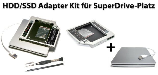 Ihr wollt im Apple Mac mini, iMac oder MacBook (Pro) das interne SuperDrive-Laufwerk gegen eine HDD oder SSD Festplatte tauschen? Dieses Kit inkl. Werkzeug hilft euch dabei!