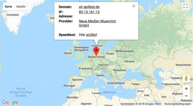 Die aktuellen Daten von Sir-Apfelot.de. Nützlich ist der Service sicher auch, wenn ihr als Web-Dienstleister Kunden habt, die nicht wissen, bei welchem Provider ihre Seite eigentlich gehostet ist ;)