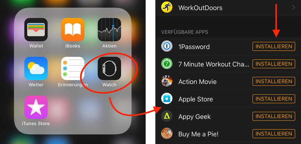 Links seht ihr das Icon der Watch-App auf dem iPhone. Diese App startet ihr und könnt dann in der Liste der Apps auswählen, welche auf der Watch installiert werden soll.