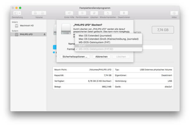 macOS Dateisystem, Festplattendienstprogramm, USB-Stick