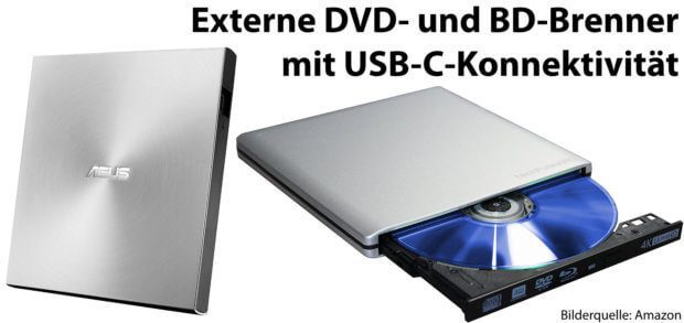 Externe USB-C DVD- und Blu-Ray-Brenner für den Apple Mac gibt es verschiedene. Gut geeignet für den Anschluss an Thunderbolt 3 an MacBook und Co.