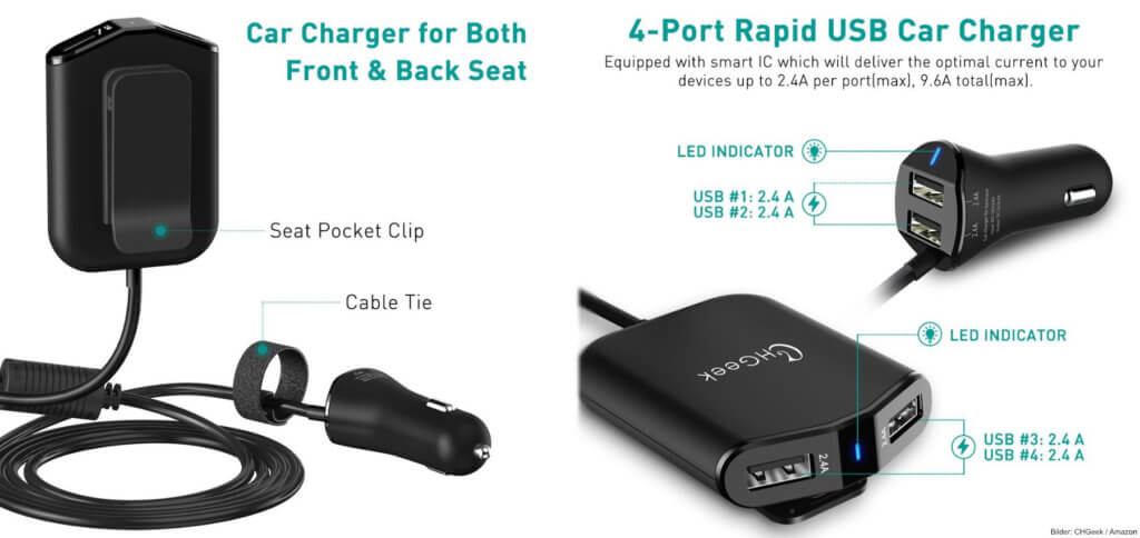 Das CHGeek Auto-Ladegerät für den Zigarettenanzünder bietet eine vierfache USB-Buchse und ist als Verteiler dank 1,8m Kabel mit je einem Port pro Passagier auf der Rückbank ideal für die Reise / den Urlaub.